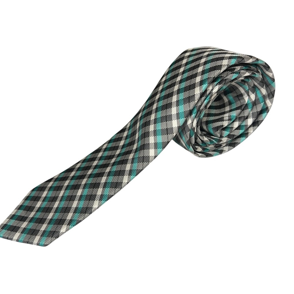 JF J.Ferrar Stylish Checkered Tie for Men - Black, Gray, and Teal 100% Polyester